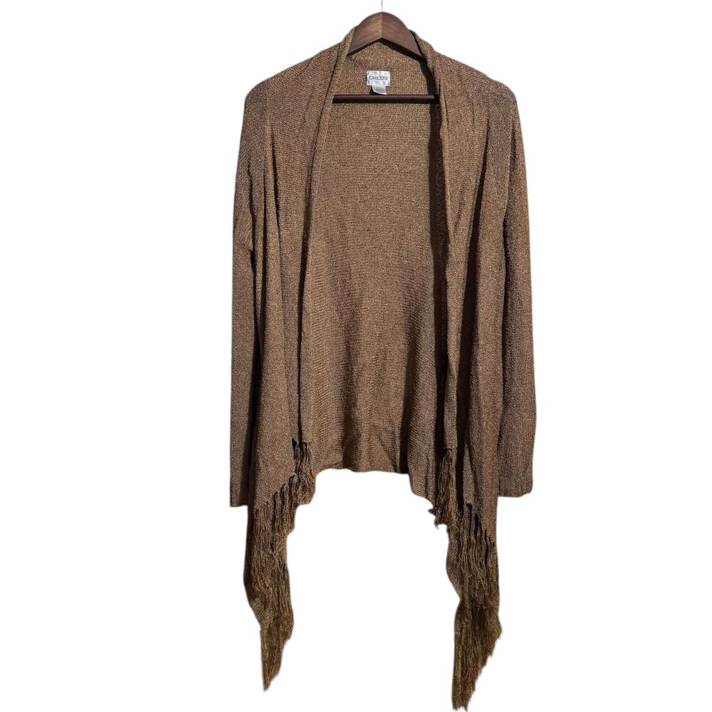 Chico's brown assymetrical‎ hem waterfall open front rayon cardigan S/M
